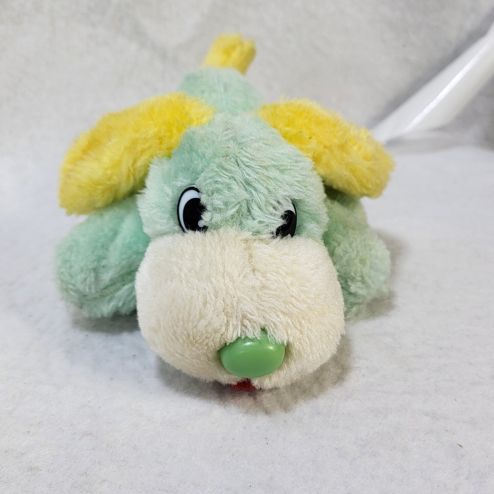 Vintage Commonwealth Toy Pastel Green Yellow Puppy Dog Plush Stuffed Animal 6"